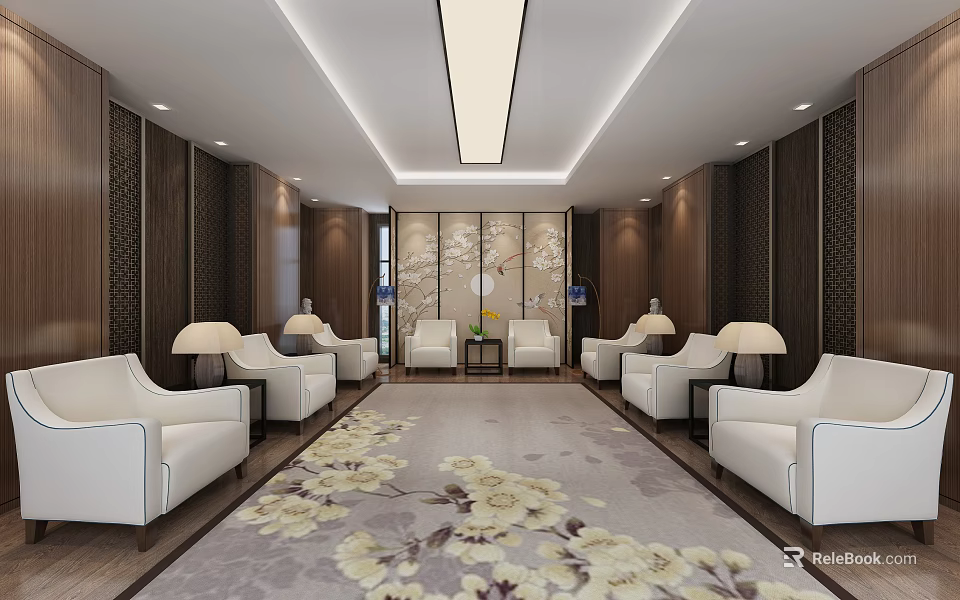 Elegant Hotel Public Lounge With Dark Wooden Walls White Sofas Patterned Carpet Coffee Tables And Decorative Paintings 3d model 