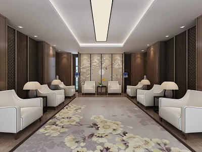 Elegant Hotel Public Lounge With Dark Wooden Walls White Sofas Patterned Carpet Coffee Tables And Decorative Paintings 3d model