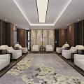 Elegant Hotel Public Lounge With Dark Wooden Walls White Sofas Patterned Carpet Coffee Tables And Decorative Paintings