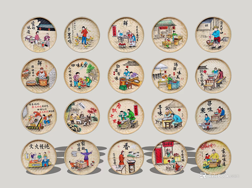 Traditional Round Frame Paintings With Folk Scenes And Hand painted Cultural Figures 3d model 