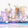 Floral Art Installation Featuring Golden Butterflies Purple Blue Flowers Beaded Accents and Gradient Decorative Base