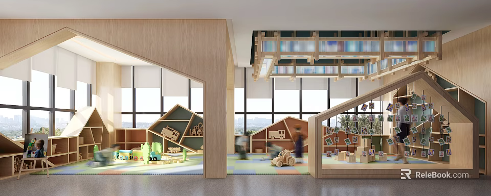 Bright Kindergarten Interior With Wooden Structures Large Windows Bookshelves And Playful Toys 3d model 