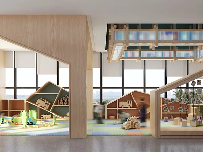Bright Kindergarten Interior With Wooden Structures Large Windows Bookshelves And Playful Toys 3d model