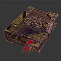 Ancient Grimoire Featuring Purple Cover Golden Edges Blue Spiral Design And Red Ribbon Bookmark