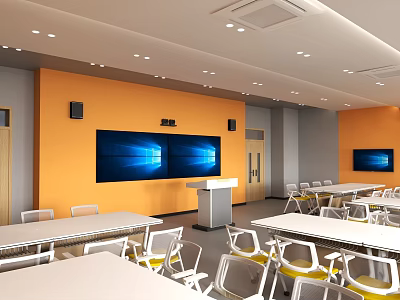 School Classroom Setting With Orange Walls Dual Screen Displays Lectern And White Tables Chairs 3d model