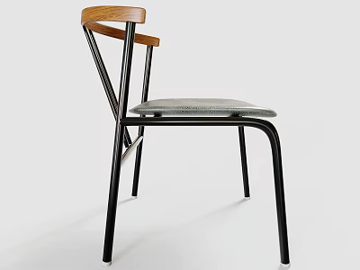 Contemporary Single Chair With Wooden Backrest Black Metal Legs And Gray Seat Cushion 3d model
