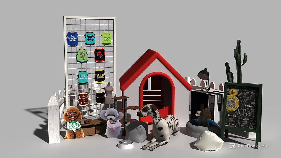 Colorful Pet Clothes Display With Red Roof Dog House And Stuffed Toy Dogs 3d model 