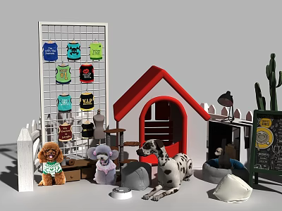 Colorful Pet Clothes Display With Red Roof Dog House And Stuffed Toy Dogs 3d model