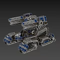 Futuristic Tank With Multiple Cannons Glowing Yellow Lights Blue Gray Color Scheme And Mechanical Tracks