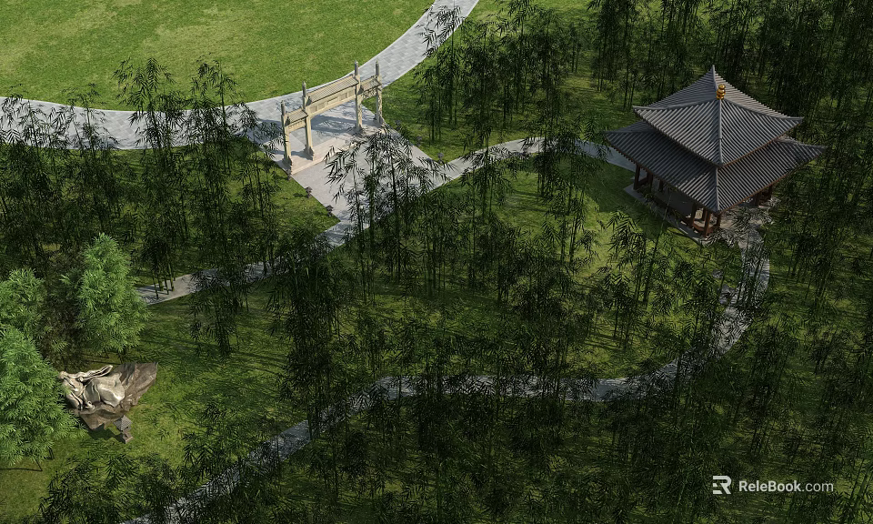 Scenic Park Landscape With Winding Pathways Lush Trees Traditional Pavilion And Green Lawn 3d model 