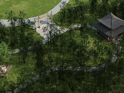 Scenic Park Landscape With Winding Pathways Lush Trees Traditional Pavilion And Green Lawn 3d model