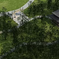 Scenic Park Landscape With Winding Pathways Lush Trees Traditional Pavilion And Green Lawn