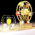 Illuminated Golden Ferris Wheel Art Installation With Heart Shaped Decoration And Colorful Cabins