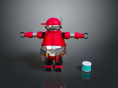 Red Hat Robot Character With Silver Body Arm Clamps Tool Belt And Small Bucket 3d model