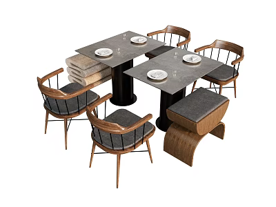 Modern Dining Table And Chair Set With Wooden Frame Upholstered Seats And Marble Top 3d model