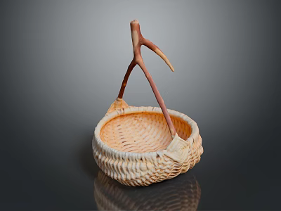 Handwoven Wicker Basket with Natural Wooden Handle for Home Decor and Storage 3d model