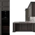 Elegant Modern Kitchen Cabinets With Dark Gray Glass Doors And Marble Countertop