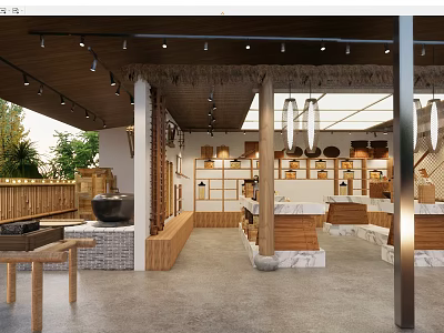 Japanese Style Interior Space With Wooden Elements Marble Countertops Hanging Lanterns And Display Shelves 3d model
