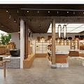 Japanese Style Interior Space With Wooden Elements Marble Countertops Hanging Lanterns And Display Shelves
