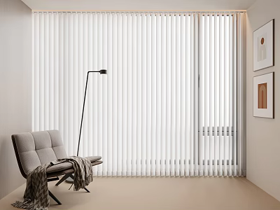 Modern White Vertical Blinds In Minimalist Living Room With Gray Chair And Floor Lamp 3d model