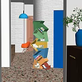 Colorful Geometric Bookshelf With Orange Chair Blue Vase And Plant In Modern Room