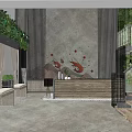 Modern Restaurant Interior With Gray Wall Shrimp Artwork Wooden Reception Counter Staircase And Metal Railing
