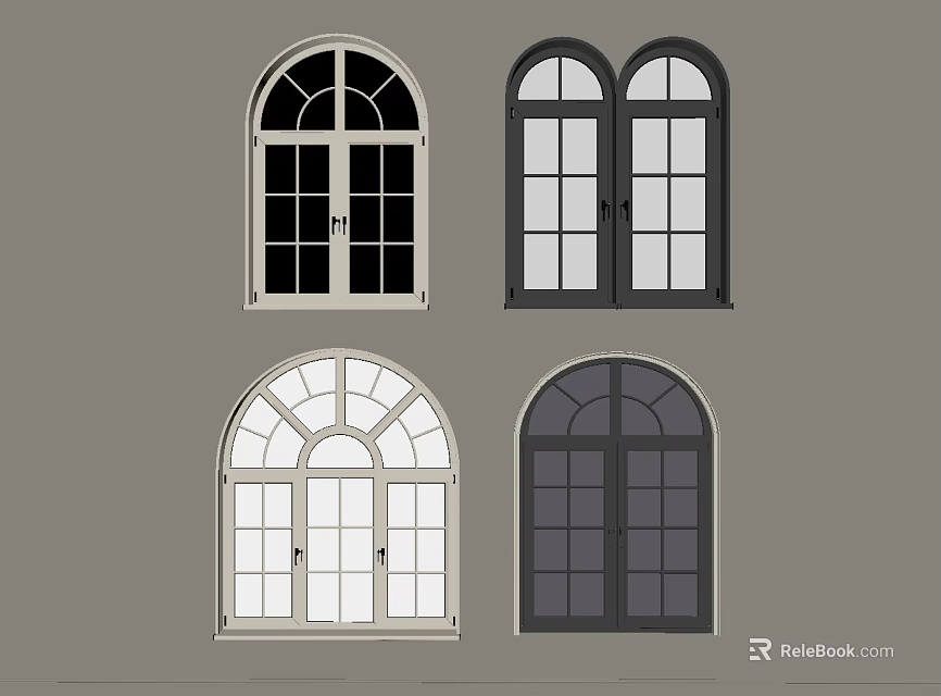 Various Arched And Double Arched Window Designs In White Dark Gray 3d model 