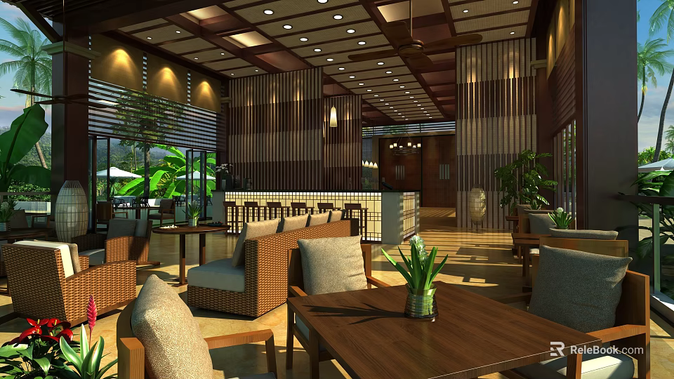 Modern Tropical Hotel Lobby Interior With Wooden Panel Walls Rattan Furniture And Green Plants 3d model 