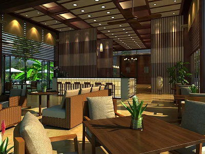 Modern Tropical Hotel Lobby Interior With Wooden Panel Walls Rattan Furniture And Green Plants 3d model