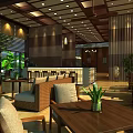 Modern Tropical Hotel Lobby Interior With Wooden Panel Walls Rattan Furniture And Green Plants