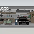 Modern Car Showroom Interior Featuring Black Car LOGO Display Wall And Seating Area