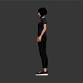 Short Haired Character In Dark Blue T-Shirt Black Pants Black White Sneakers Against Grey Background
