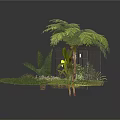 Modern Garden Area With Wire Fence Palm Tree Ferns And Lush Green Plants