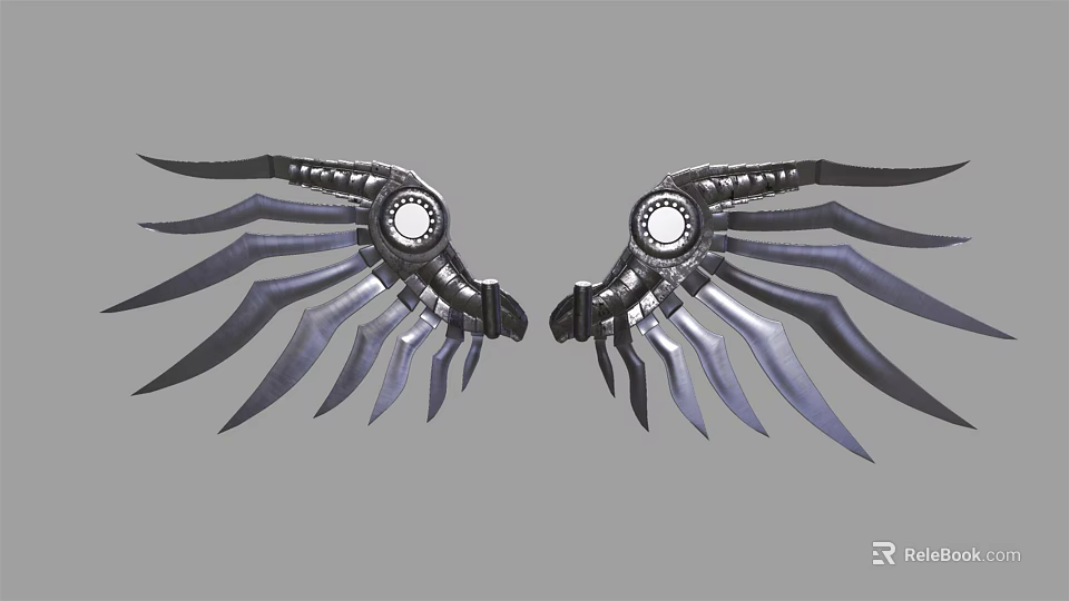 Stylish Metallic Wing Shaped Wall Decor With Feather Design And Circular Accents 3d model 
