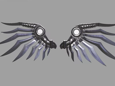 Stylish Metallic Wing Shaped Wall Decor With Feather Design And Circular Accents 3d model