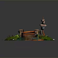 Scenic Miniature Landscape With Wooden Bridge Blue Water Green Grass Lotus Flowers And Tall Crane