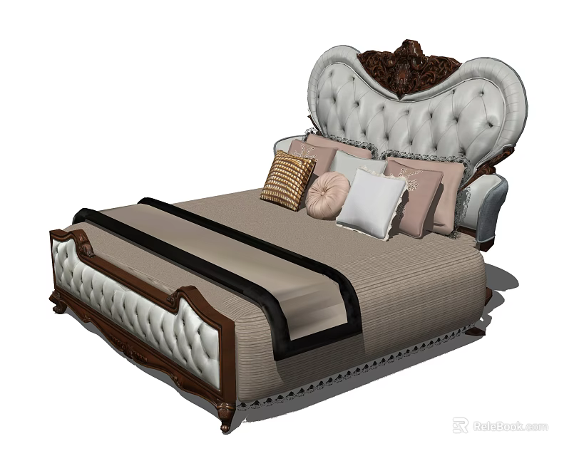 Double Bed With Carved Tufted Headboard Beige Mattress Black Trim Pastel Pillows And Wooden Frame 3d model 