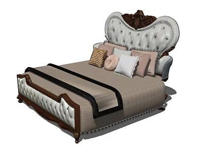 Double Bed With Carved Tufted Headboard Beige Mattress Black Trim Pastel Pillows And Wooden Frame 3d model