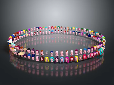 Colorful Game And Movie Characters In Circle With Various Hairstyles Expressions Reflections On Gray Background 3d model