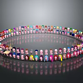 Colorful Game And Movie Characters In Circle With Various Hairstyles Expressions Reflections On Gray Background