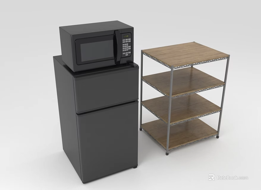 Black Refrigerator With Microwave On Top And Shelving Unit Featuring Metal Frame Wooden Shelves 3d model 