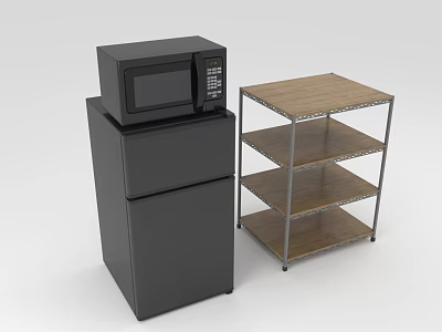 Black Refrigerator With Microwave On Top And Shelving Unit Featuring Metal Frame Wooden Shelves 3d model