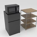 Black Refrigerator With Microwave On Top And Shelving Unit Featuring Metal Frame Wooden Shelves