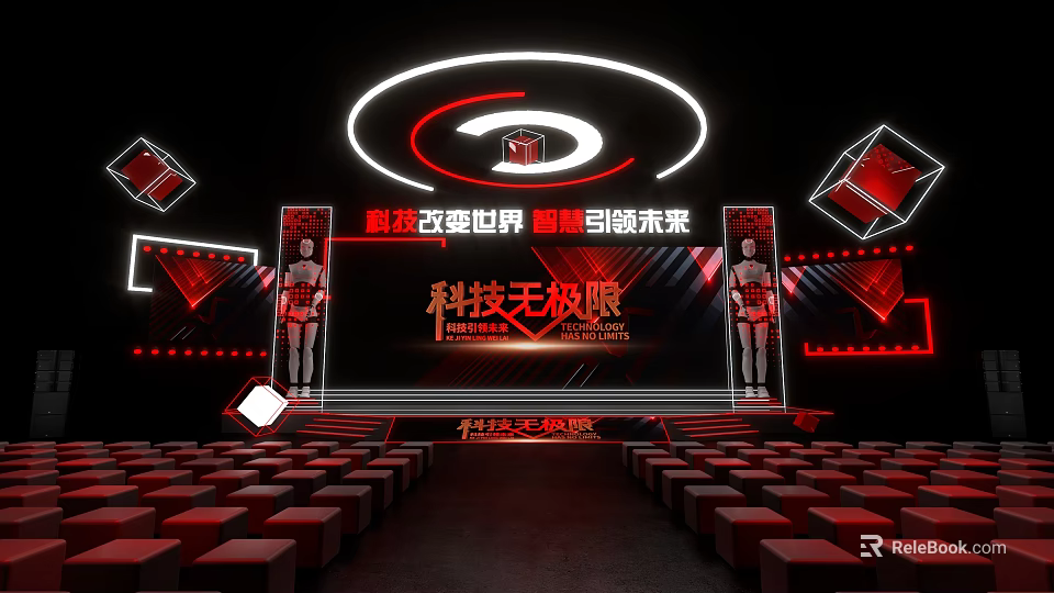Futuristic Technology Stage With Red Modern Design And Large Screen Seats 3d model