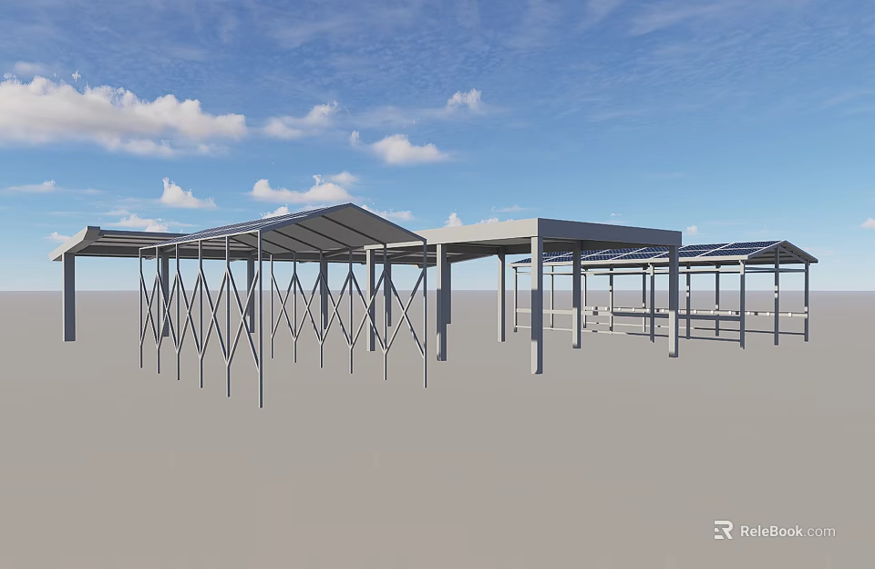 Industrial Factory Building With Steel Frame Structure And Open Roof Under Blue Sky 3d model 