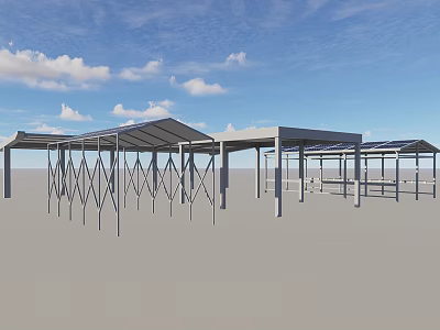 Industrial Factory Building With Steel Frame Structure And Open Roof Under Blue Sky 3d model