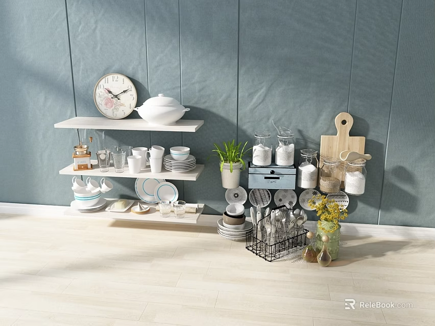 Stylish White Tableware Set Displayed on Wall Shelves with Gray Backdrop and Decorative Plants 3d model 
