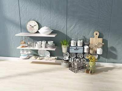 Stylish White Tableware Set Displayed on Wall Shelves with Gray Backdrop and Decorative Plants 3d model
