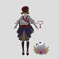 Cute Anime Girl in Bow Dress with Hello Kitty Like Creature and Yellow Wings