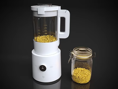 White Blender With Yellow Grains And Glass Jar On Dark Background 3d model